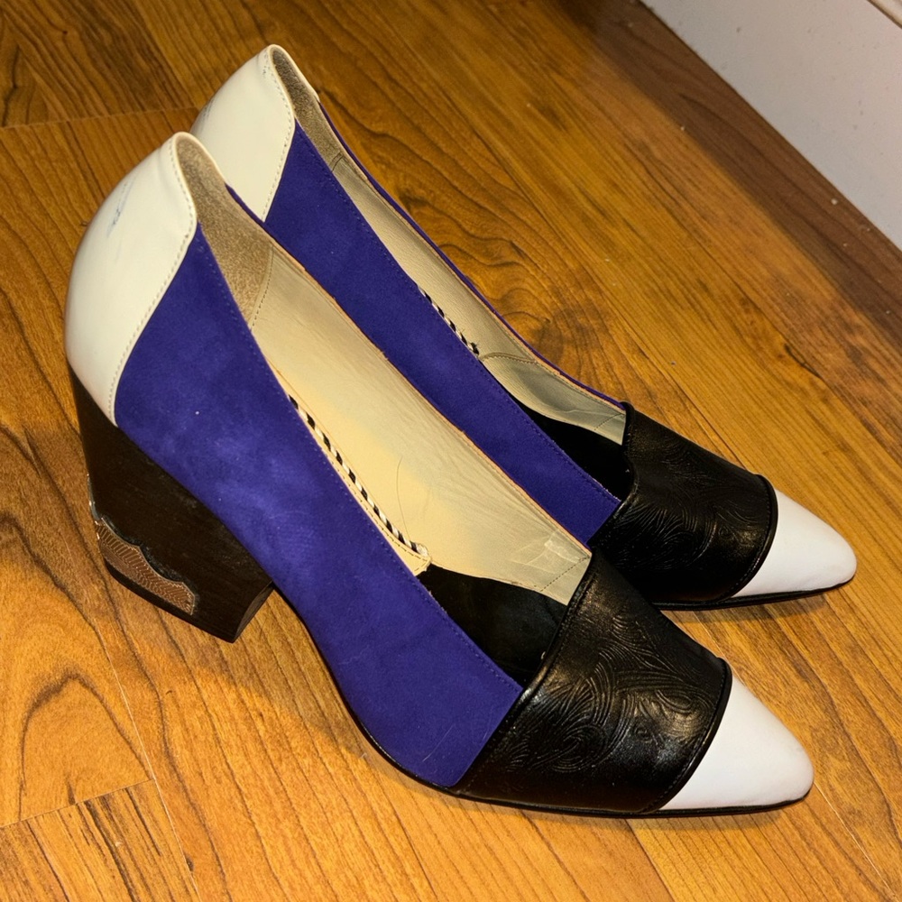 TOGA Pulla Black, White, and Purple Heels